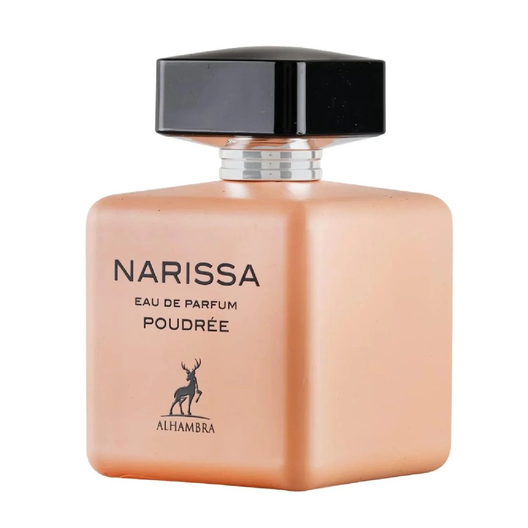 Maison Alhambra Narissa Poudree 100ml — A square, peach-colored perfume bottle with a black cap and silver accents, featuring text 'NARISSA EAU DE PARFUM POUDRÉE' and a deer silhouette logo above 'ALHAMBRA'. | Maison Alhambra Narissa Poudree 100ml — Botol pewangi persegi berwarna pic dengan penutup hitam dan aksen