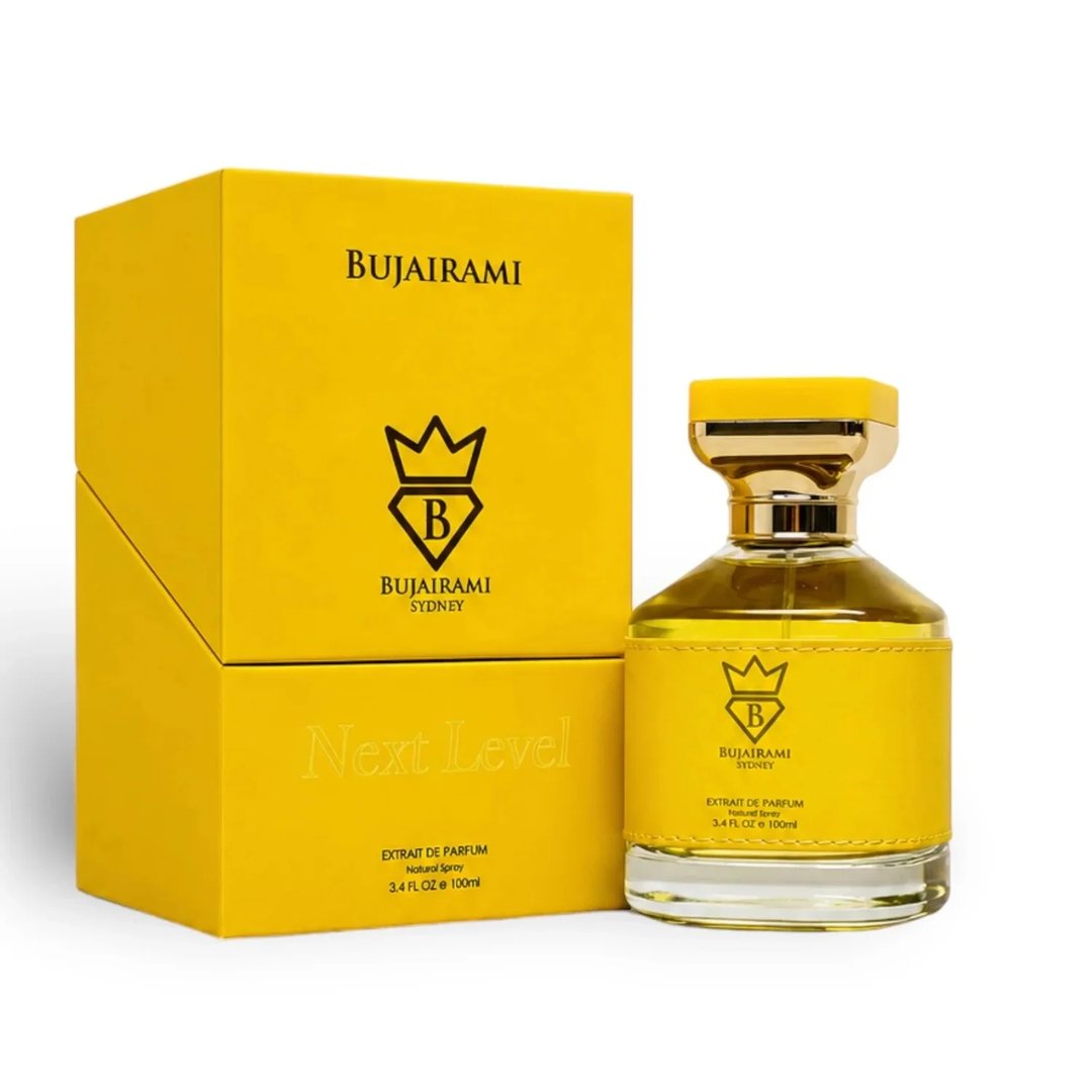 Bujairami Next Level by Bujairami 100ml Extrait — Yellow box and glass perfume bottle with gold cap, featuring the Bujairami logo.