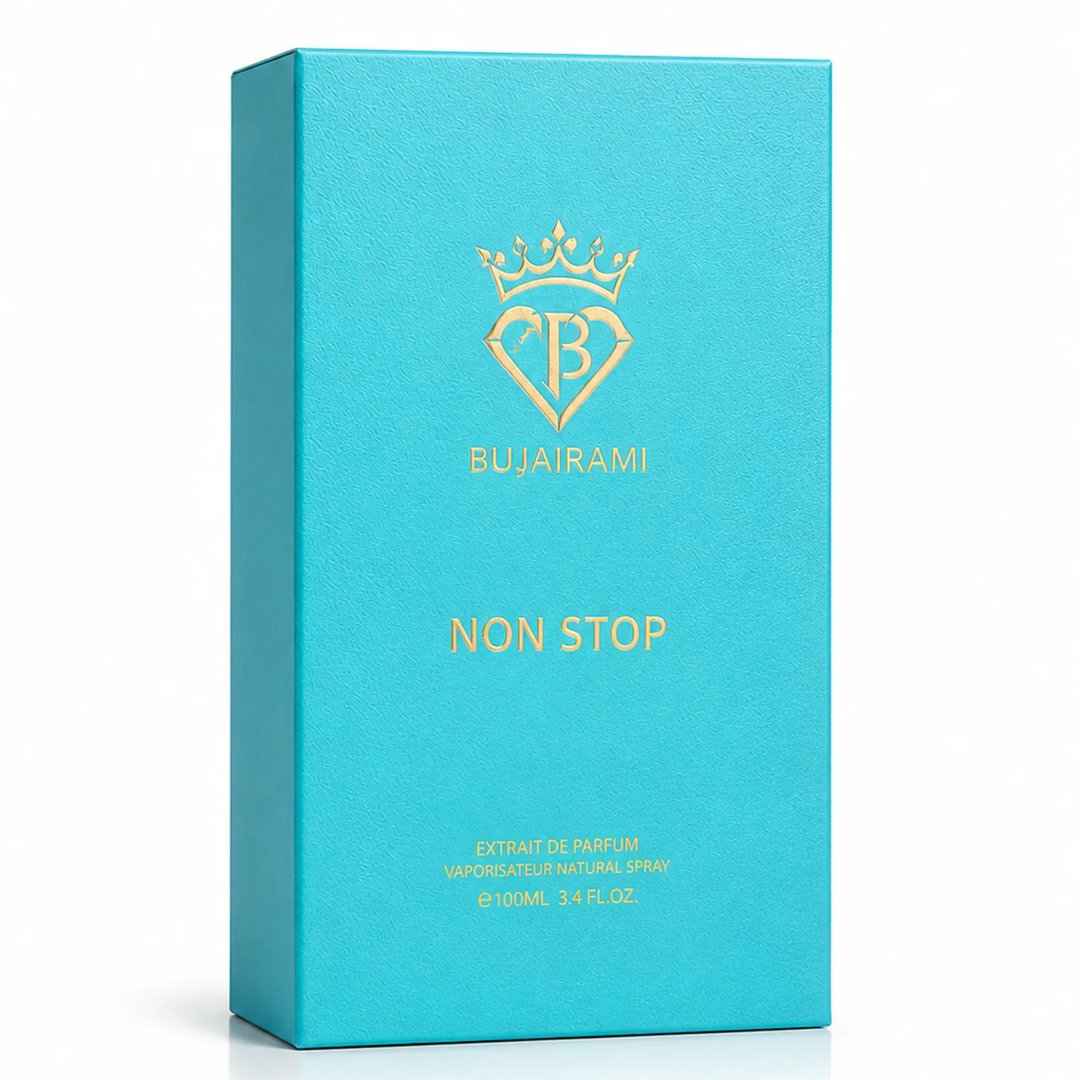 Bujairami Non Stop by Bujairami 100ml Extrait — Turquoise textured box with gold embossed logo, brand name, and product details.