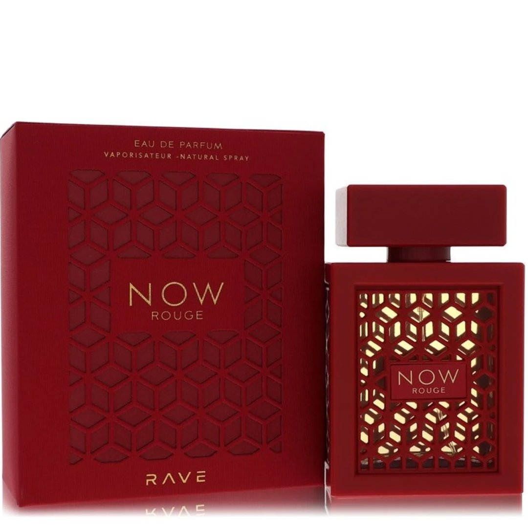 Rave Now Rouge Perfume EDP 100ml by RAVE — A red perfume box and bottle with a geometric gold pattern. The box is on the left, and the bottle is on the right. | Kotak dan botol minyak wangi merah Rave Now Rouge Perfume EDP 100ml dengan corak geometri emas. Kotak di sebelah kiri, dan botol di sebelah kanan.