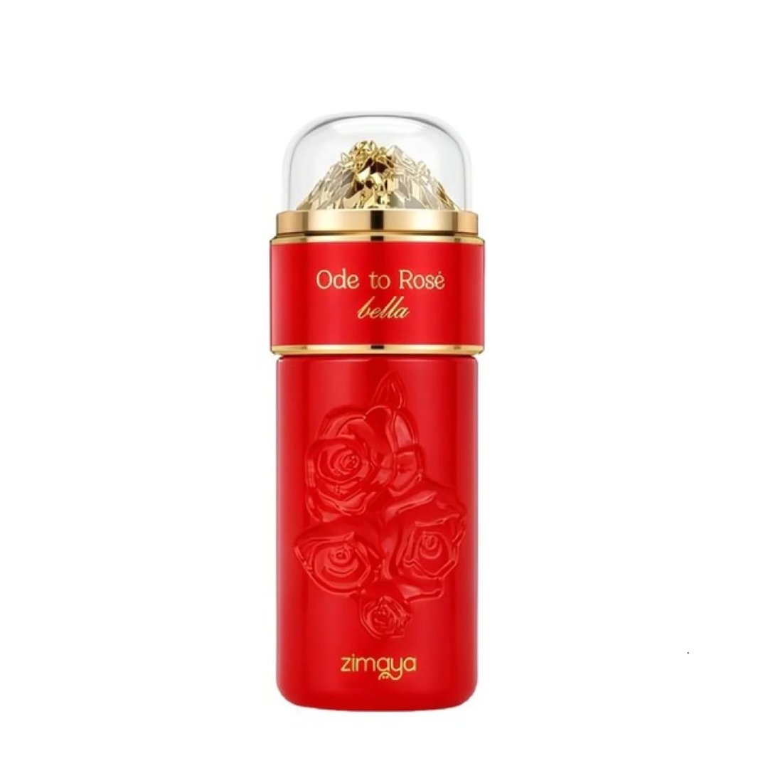 Zimaya Ode to Rose Bella Eau De Parfum 100ml by Zimaya — A red perfume bottle with embossed roses and gold accents on the cap, which has a clear dome revealing gold-colored rocks. | Zimaya Ode to Rose Bella Eau De Parfum 100ml by Zimaya — Botol minyak wangi merah dengan bunga ros timbul dan perincian emas pada