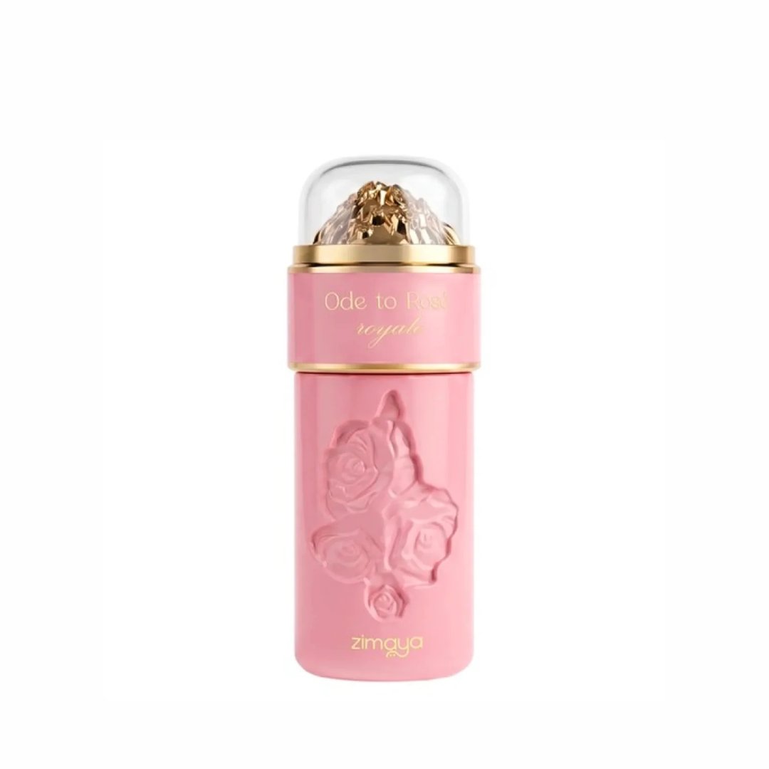 Zimaya Ode to Rose Royale Eau De Parfum 100ml by Zimaya — A pink perfume bottle with a clear dome top revealing gold-colored crushed material, featuring embossed roses on the body and gold text. | Zimaya Ode to Rose Royale Eau De Parfum 100ml by Zimaya — Botol minyak wangi merah jambu dengan tudung kubah jernih