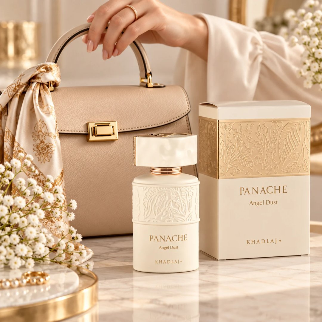 Khadlaj Panache Angel Dust — Beige handbag with gold clasp, silk scarf, perfume bottle with embossed design, and product box on marble surface with white flowers.
