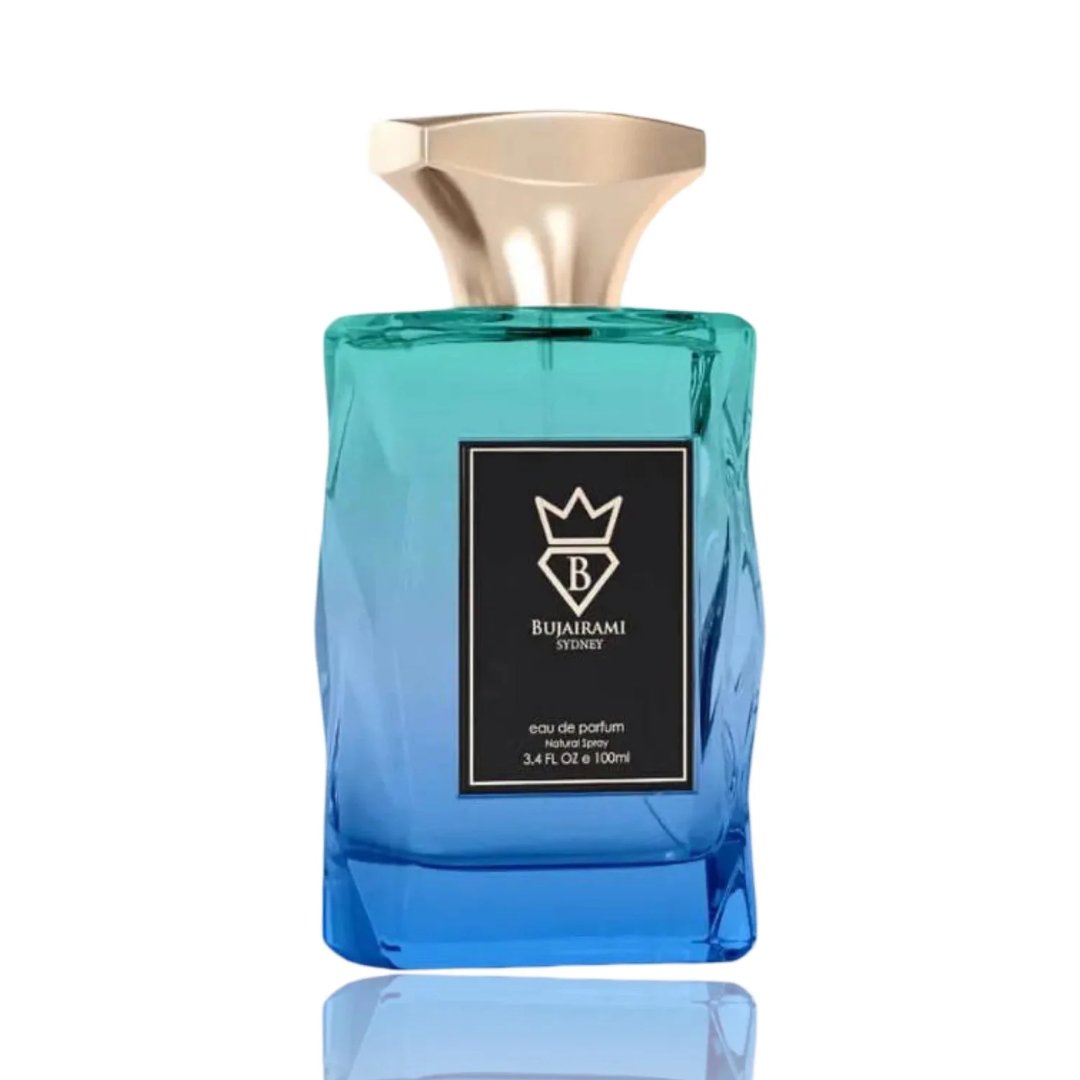 Bujairami Perfect Life by Bujairami Eau de Parfum 100ml — A faceted glass perfume bottle with a blue-to-teal gradient, featuring a black label with a crown and 'B' logo, and a gold cap.