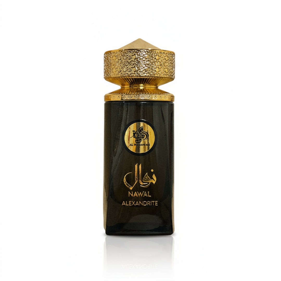 Al Wataniah Alexandrite Nawal — Dark glass perfume bottle with ornate gold cap and Arabic script label on white background