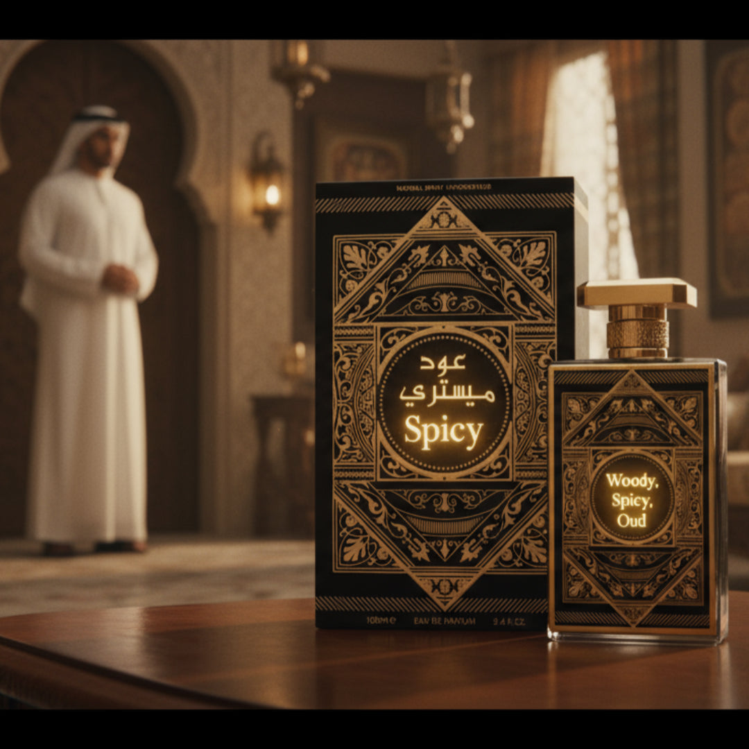 Al Wataniah Oud Mystery Intense — A perfume bottle and box with ornate gold patterns on a wooden table, man in white thobe
