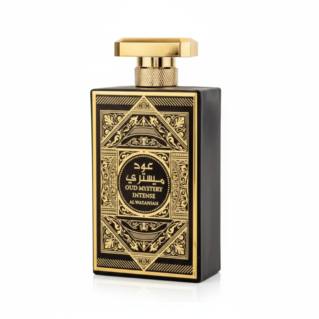 Al Wataniah Oud Mystery Intense — Black perfume bottle with ornate gold detailing and a gold cap, isolated on a white