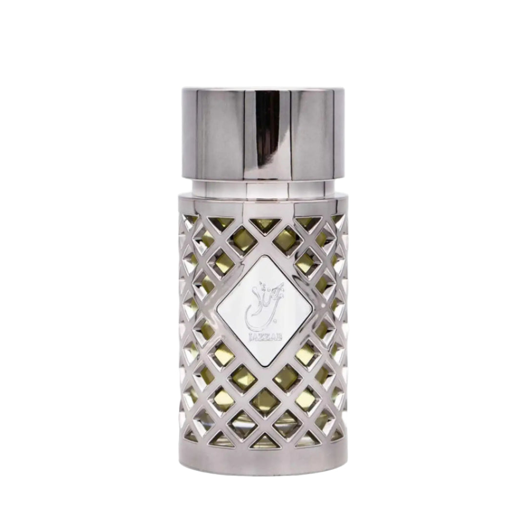 Ard Al Zaafaran Jazzab Silver – Silver ornate cage bottle with green liquid, diamond-shaped emblem with Arabic script and