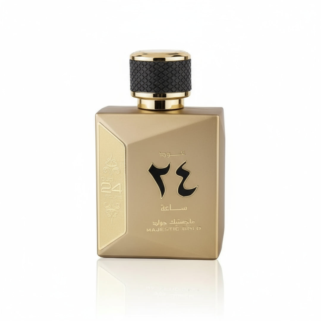 Ard Al Zaafaran Oud 24 Hours Majestic 100ml EDP Man – Gold bottle with black textured cap, Arabic numerals 24, and text.