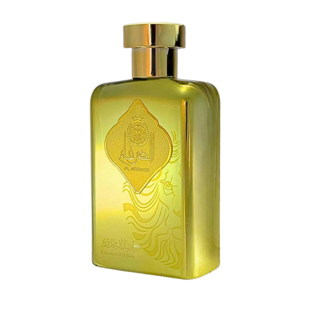 Ard Al Zaafaran Al Dirgham EDP 100ml Men — Gold bottle with ornate Arabic script and lion emblem, gold cap, white background