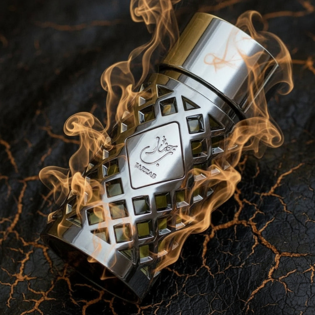 Ard Al Zaafaran Jazzab Silver – Silver bottle with geometric pattern, surrounded by golden flames on a cracked black