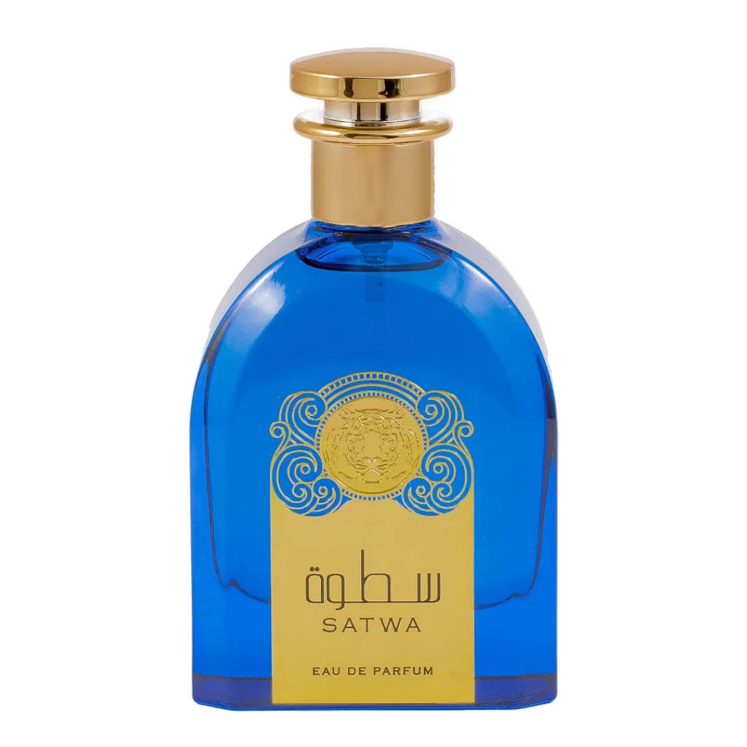 Ard Al Zaafaran Satwa — Blue glass perfume bottle with gold cap and ornate gold label featuring a tiger emblem