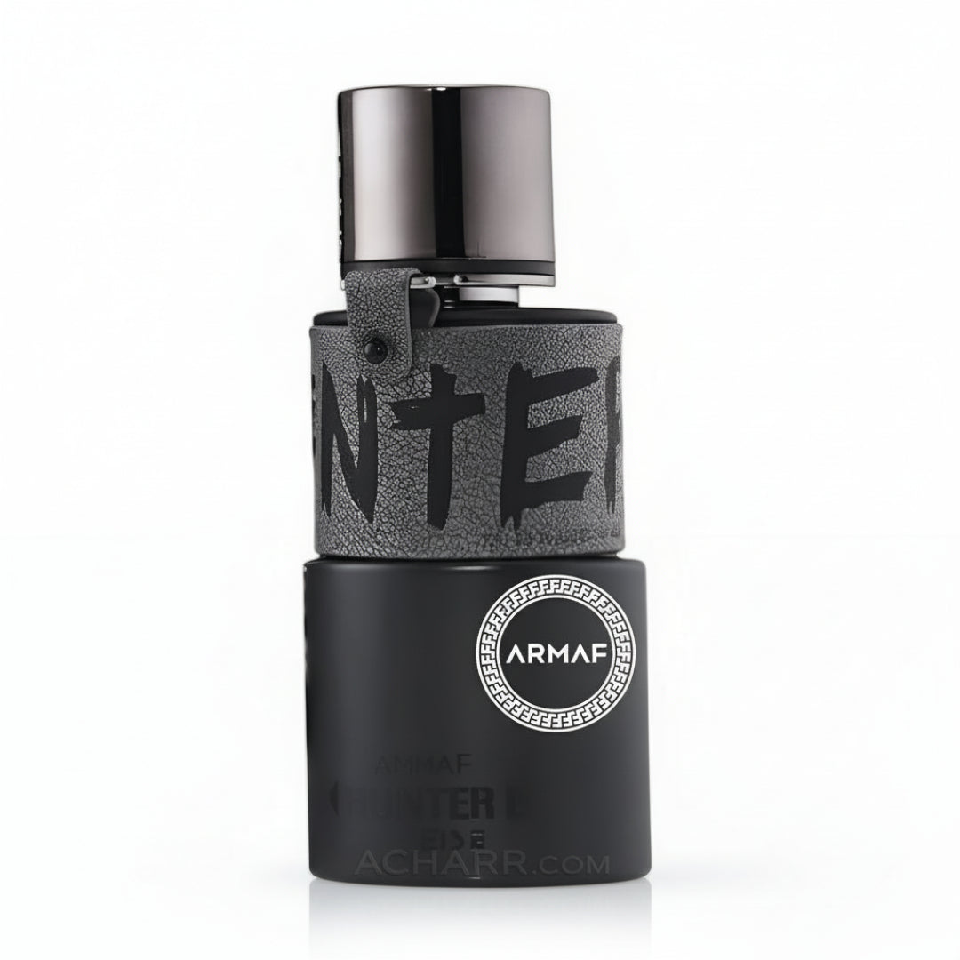 Armaf Hunter Intense — Black perfume bottle with a textured grey band and metallic cap, featuring the ARMAF logo.