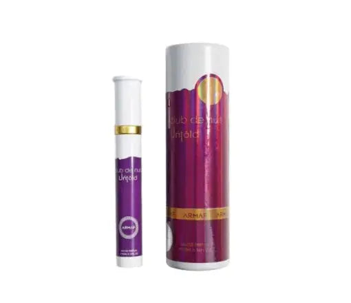 Armaf Club de Nuit Untold 10ml EDP – Unisex, showing a small rollerball and a larger cylindrical tube, both purple with gold