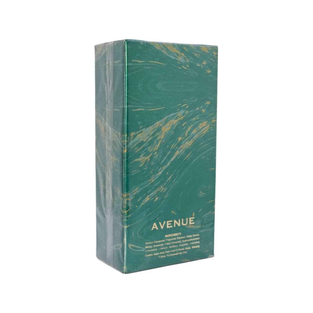 Grandeur Avenue London 100ml EDP – Grandeur Perfume, a tall rectangular perfume box with a green and gold marbled design, featuring the brand name "AVENUE" in white text.