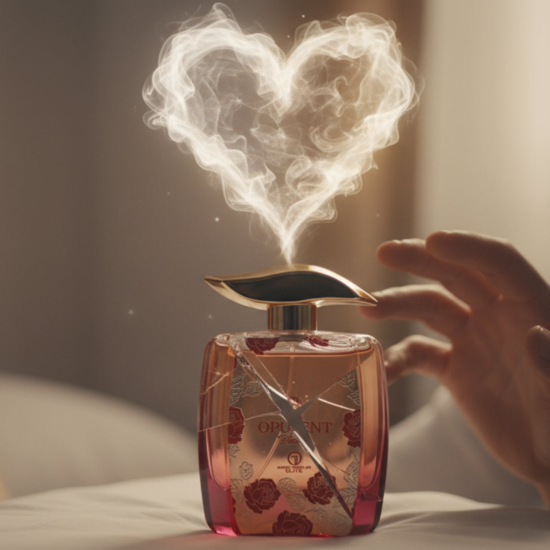 Grandeur Opulent Bloom Red by Grandeur Elite 100 ml for Women — Perfume bottle with a heart-shaped smoke plume rising from the cap, a hand reaching towards it, on a white surface.