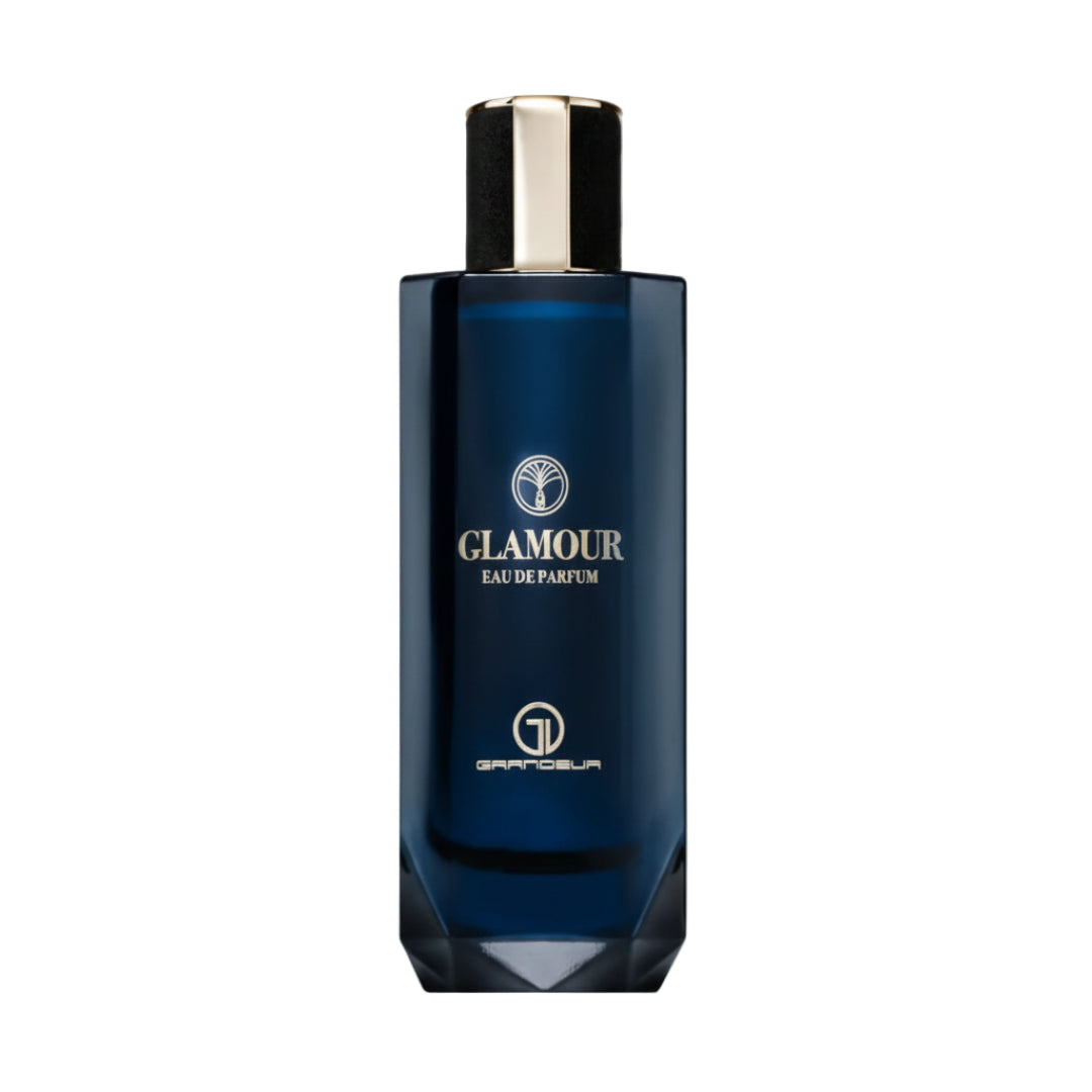 Grandeur Glamour Woman by Grandeur Elite 100ml — A dark blue glass perfume bottle with a gold and black cap, featuring the 'Glamour' logo and 'Eau de Parfum' text.