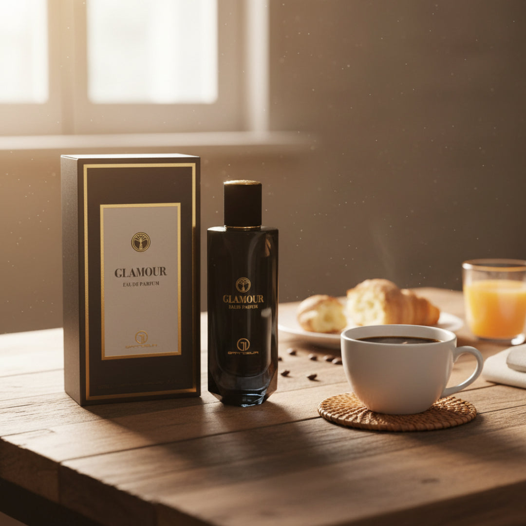 Grandeur Glamour Woman by Grandeur Elite 100ml — Black perfume bottle and box with gold accents, next to a cup of coffee, croissants, and orange juice on a wooden table.