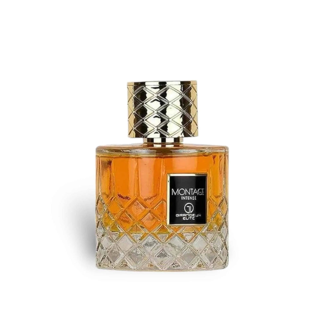 Grandeur Montage by Grandeur Intense 100ml EDP — A clear glass perfume bottle with a gold patterned cap, filled with amber liquid, featuring a black label with white text and a gold logo.