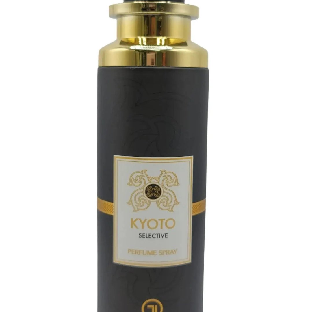 Grandeur Kyoto Selective Angel Deodorant Body 200ml Grandeur Unisex — Black cylindrical spray bottle with gold accents and a white label featuring ornate gold detailing and text. | Grandeur Kyoto Selective Angel Deodorant Body 200ml Grandeur Unisex — Botol semburan silinder hitam dengan aksen emas dan label putih