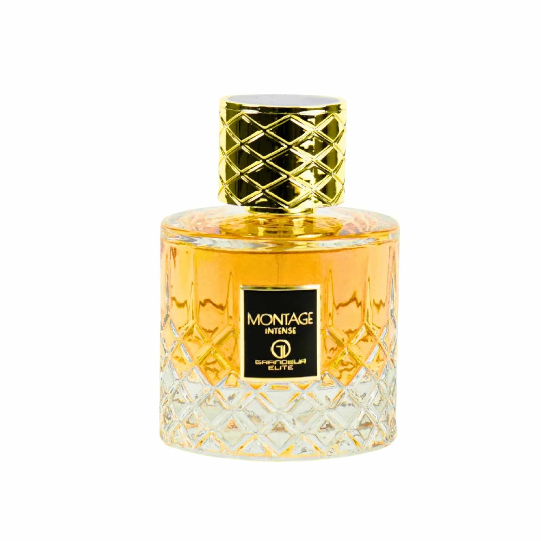 Grandeur Montage by Grandeur Intense 100ml EDP — A clear glass perfume bottle with gold accents and a textured gold cap, filled with golden liquid, set against a white background.