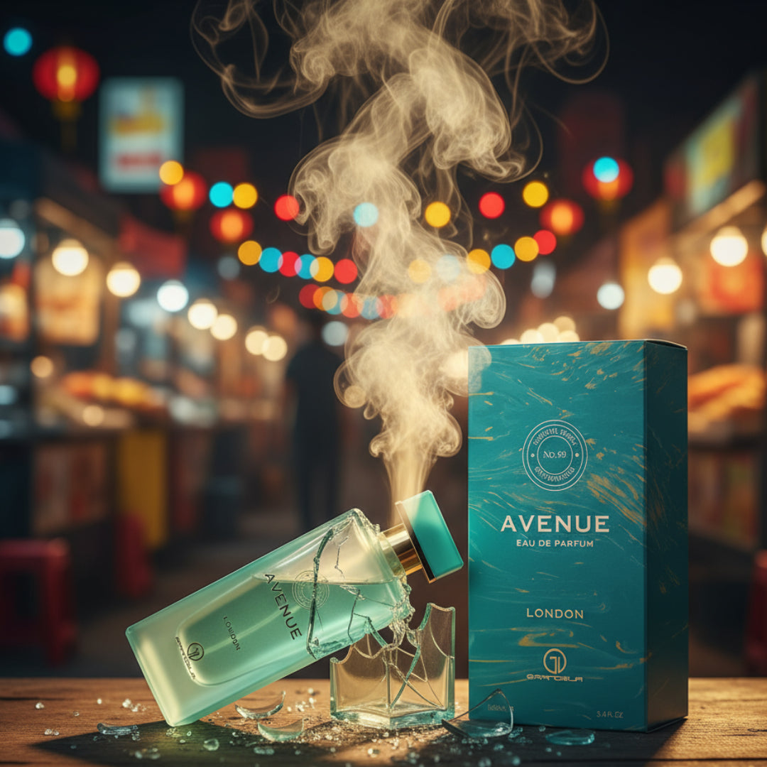 Grandeur Avenue London 100ml EDP – A shattered glass perfume bottle with smoke rising, next to its teal box, set against a blurred night market background with colorful lights.
