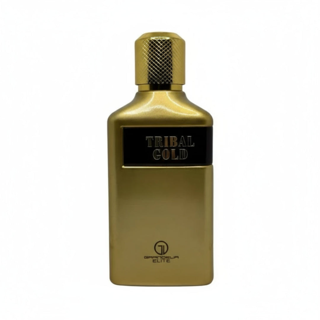 Grandeur Tribal Gold Man by Grandeur 100ml EDP Men — A gold-colored perfume bottle with a textured gold cap, a black label with 'TRIBAL GOLD' in silver text, and the Grandeur Elite logo at the bottom.