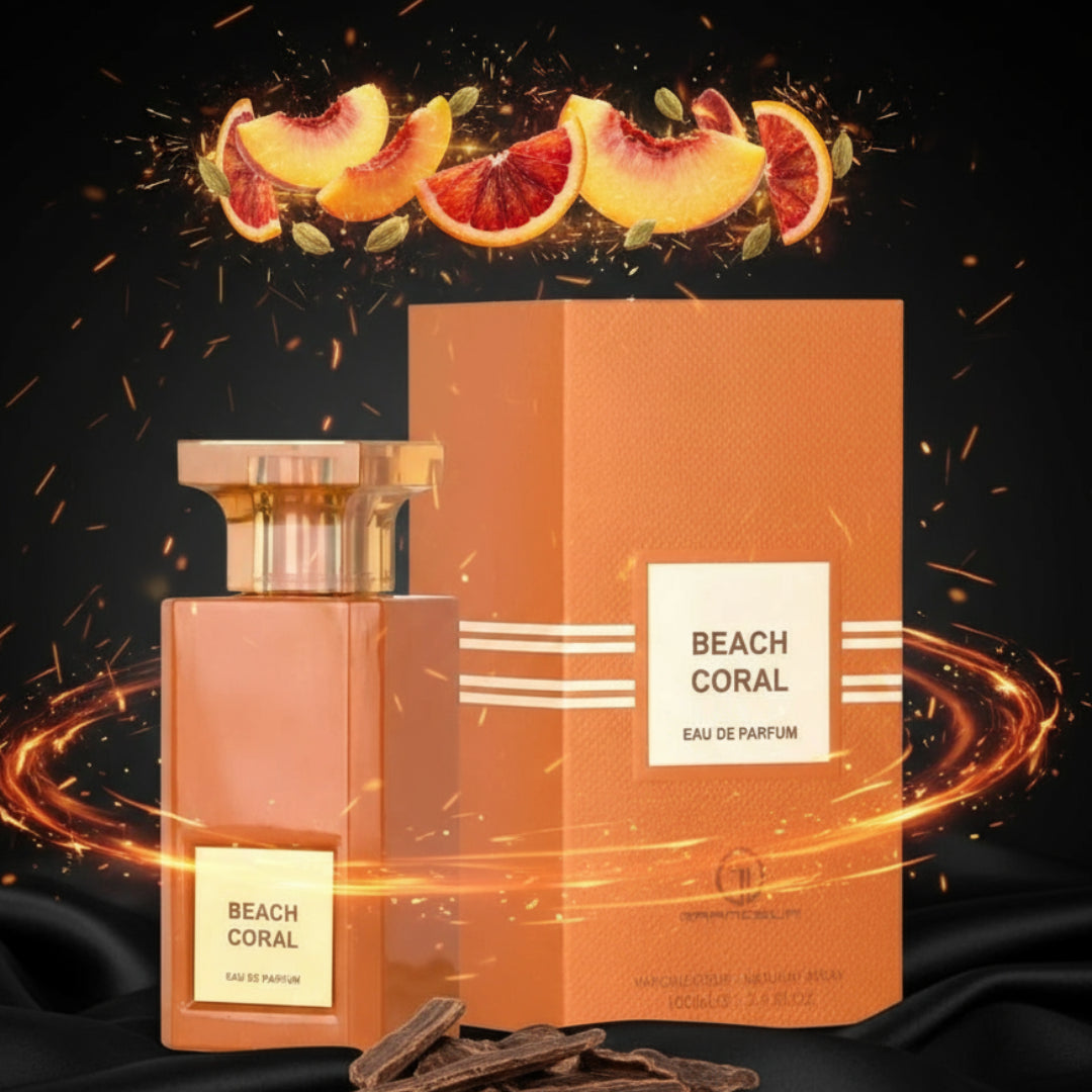 Beach Coral by Grandeur 100 ml for Women — Orange perfume bottle and box with gold accents, surrounded by glowing orange light trails and fruit slices.
