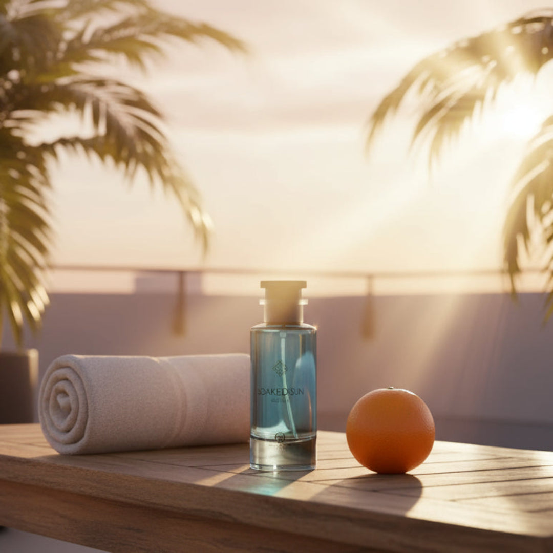 Grandeur Soaked Sun Exclusif by Grandeur Elite EDP 100 ml — A rolled towel and an orange sit on a wooden table next to the perfume bottle, with palm trees and a sunset in the background.