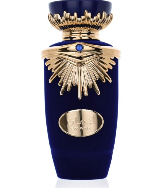 Lattafa Emaan by Lattafa 100ml EDP Perfume Unisex — A luxurious royal blue velvet perfume bottle with gold accents and a