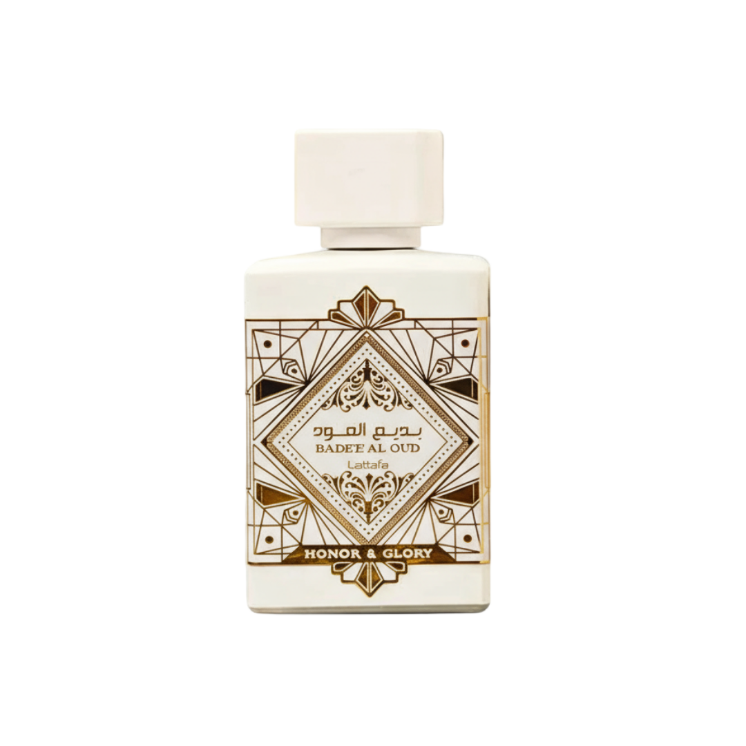 Lattafa Badee Al Oud Honor Glory — White perfume bottle with gold geometric design and Arabic script on a white background