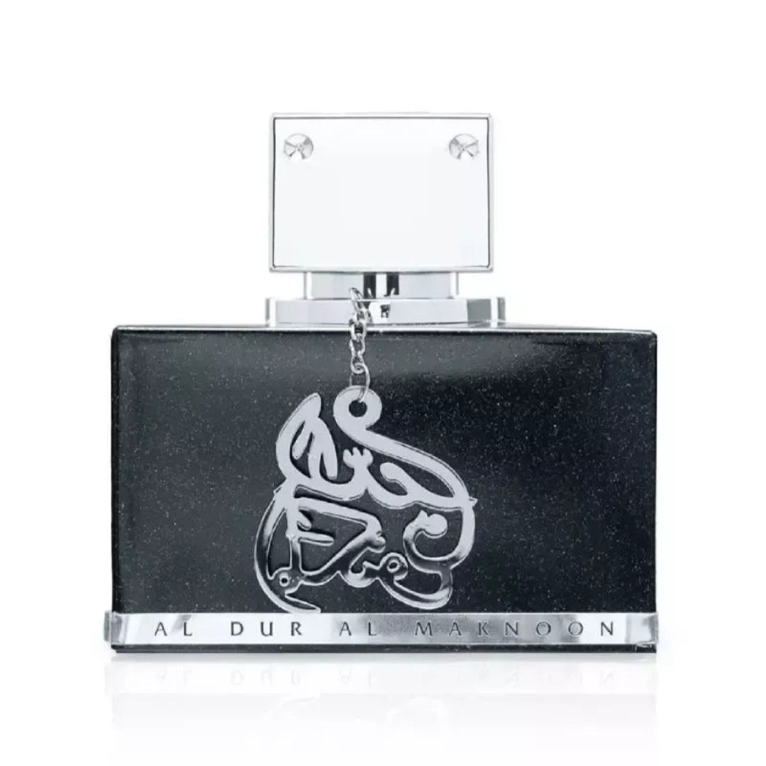 Lattafa Al Dur Al Maknoon Silver 100ml EDP Men — Black speckled bottle with silver Arabic calligraphy charm and chrome cap