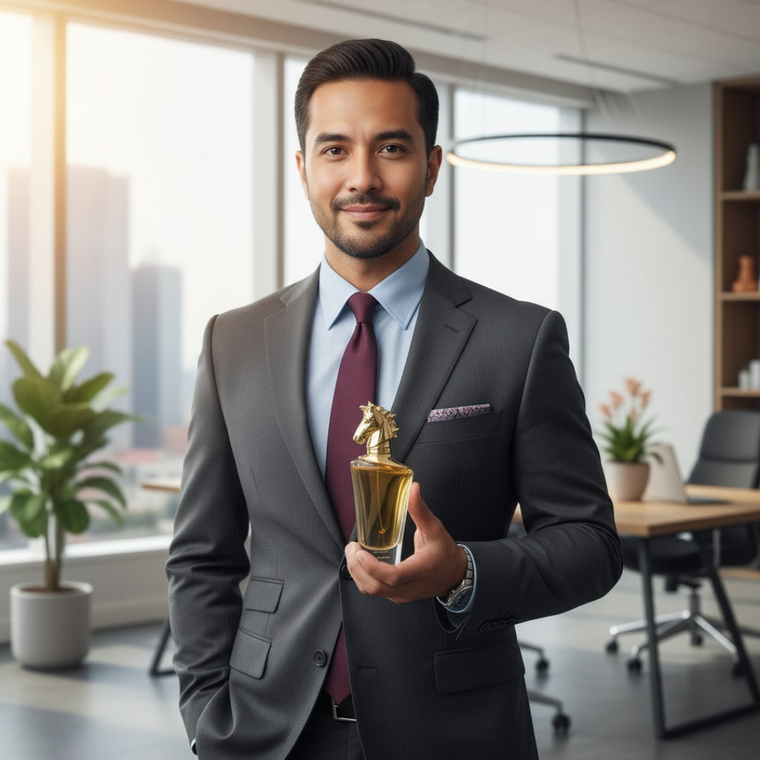 Lattafa Maahir by Lattafa 100ml EDP for Men — Man in a suit holding a golden horse-head perfume bottle in an office setting.