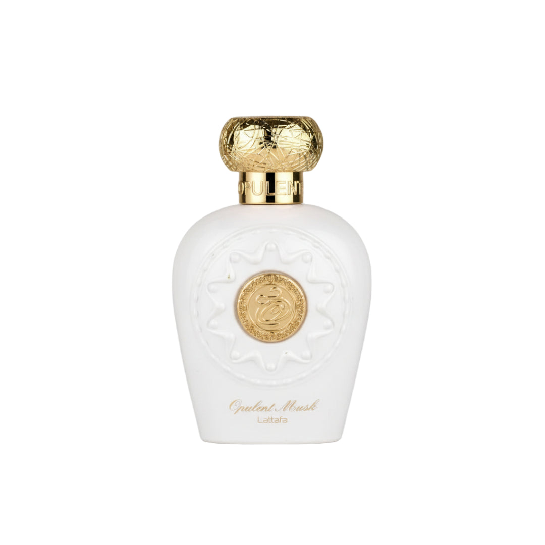 Lattafa Opulent Musk by Lattafa 100ml EDP Unisex — White perfume bottle with ornate gold cap and embossed sun-like emblem on the front, text 'Opulent Musk Lattafa' below.