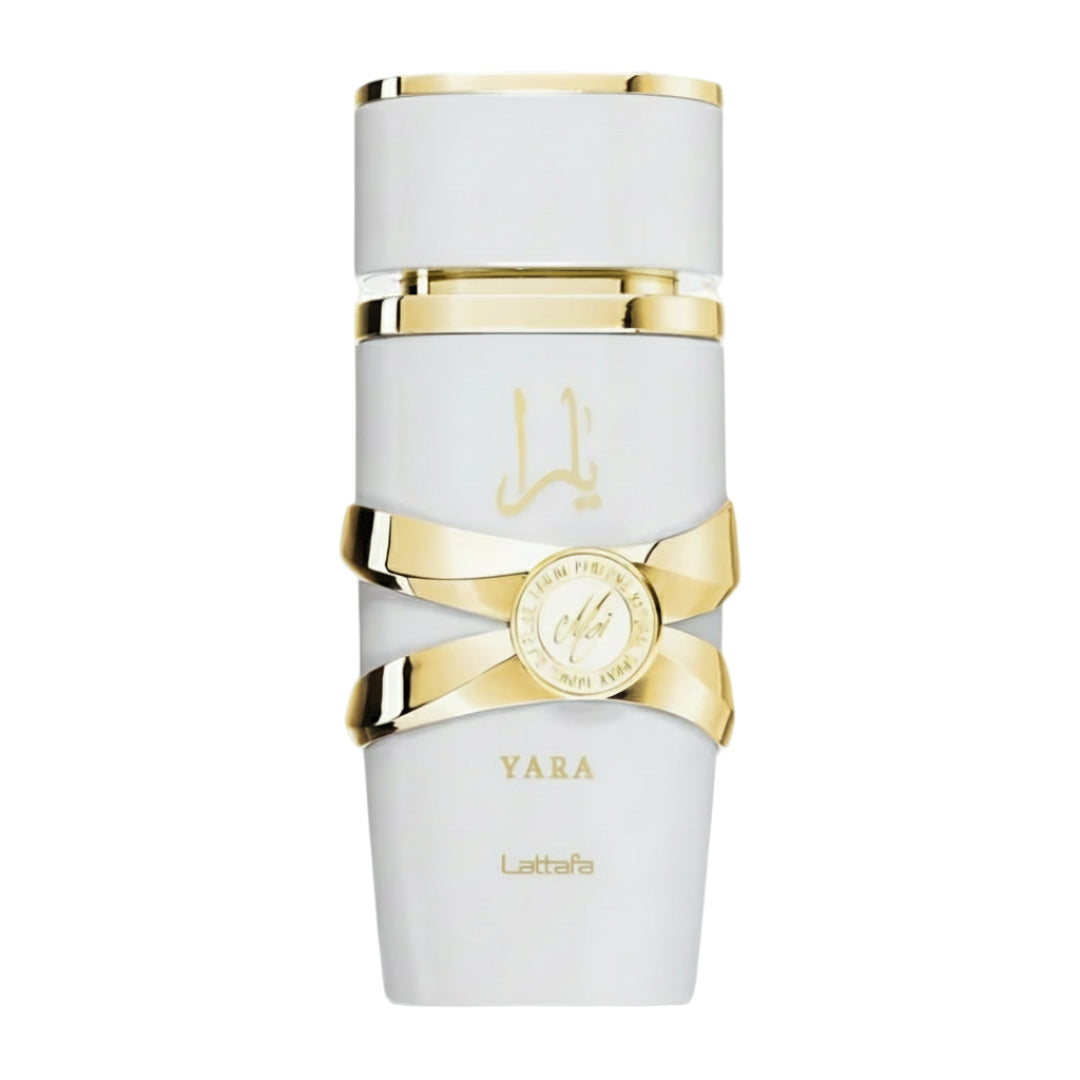 Lattafa Yara Moi by Lattafa 100ml EDP Women — White perfume bottle with gold accents and a gold ribbon detail, featuring Arabic script and the name YARA.