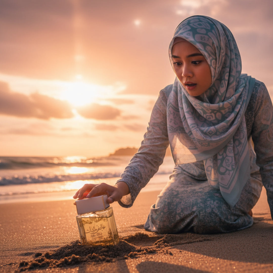 Lattafa Pure Musk by Lattafa (Khalis Musk) 100ml EDP — Woman in hijab kneeling on a sandy beach at sunset, holding a perfume bottle partially buried in the sand.