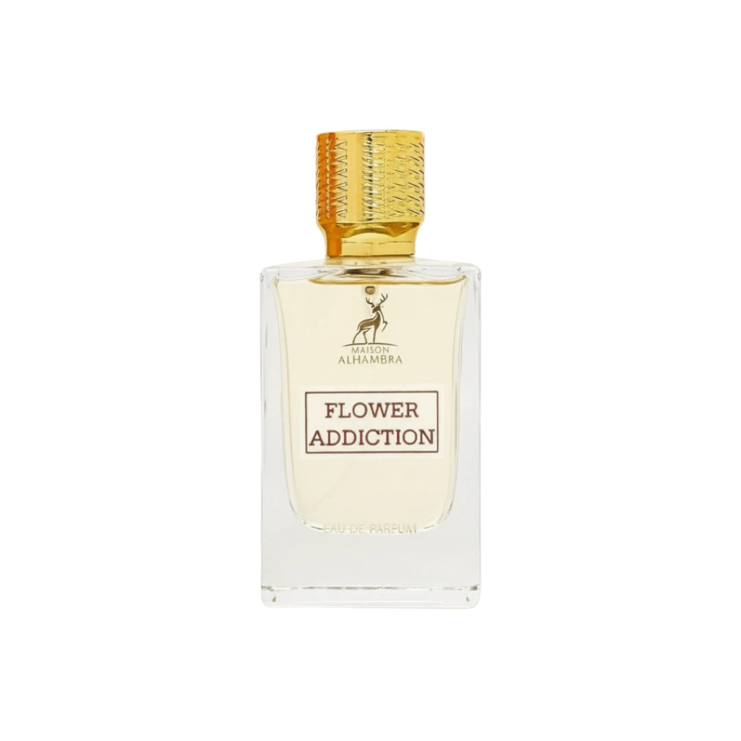 Maison Alhambra Flower Addiction by Maison Alhambra for Him 100ml — Clear glass perfume bottle with a gold textured cap, featuring a deer logo and 'Flower Addiction' label.
