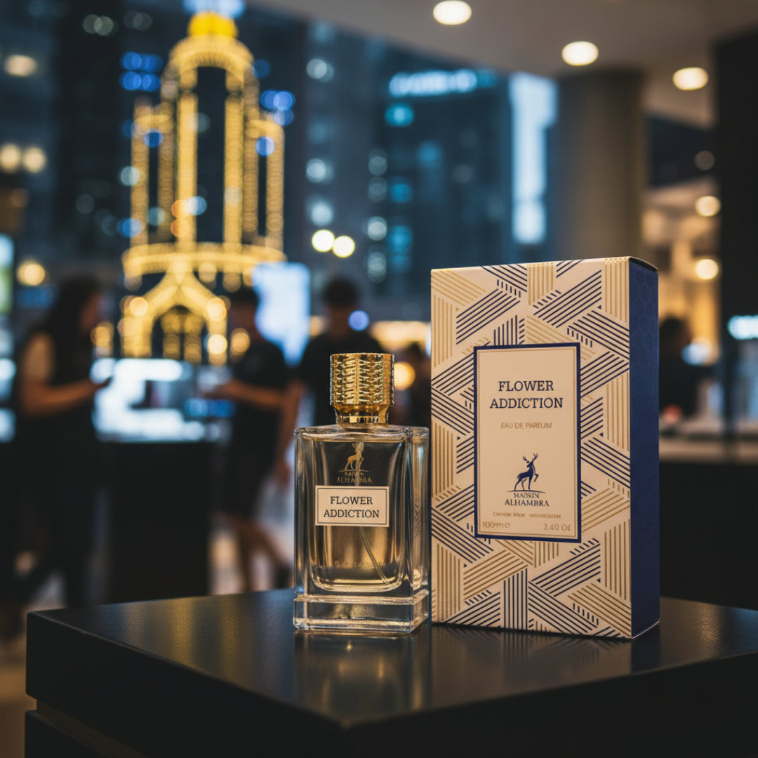 Maison Alhambra Flower Addiction by Maison Alhambra for Him 100ml — Clear glass perfume bottle with gold cap and white label, next to its blue and gold patterned box, with a blurred city lights background.