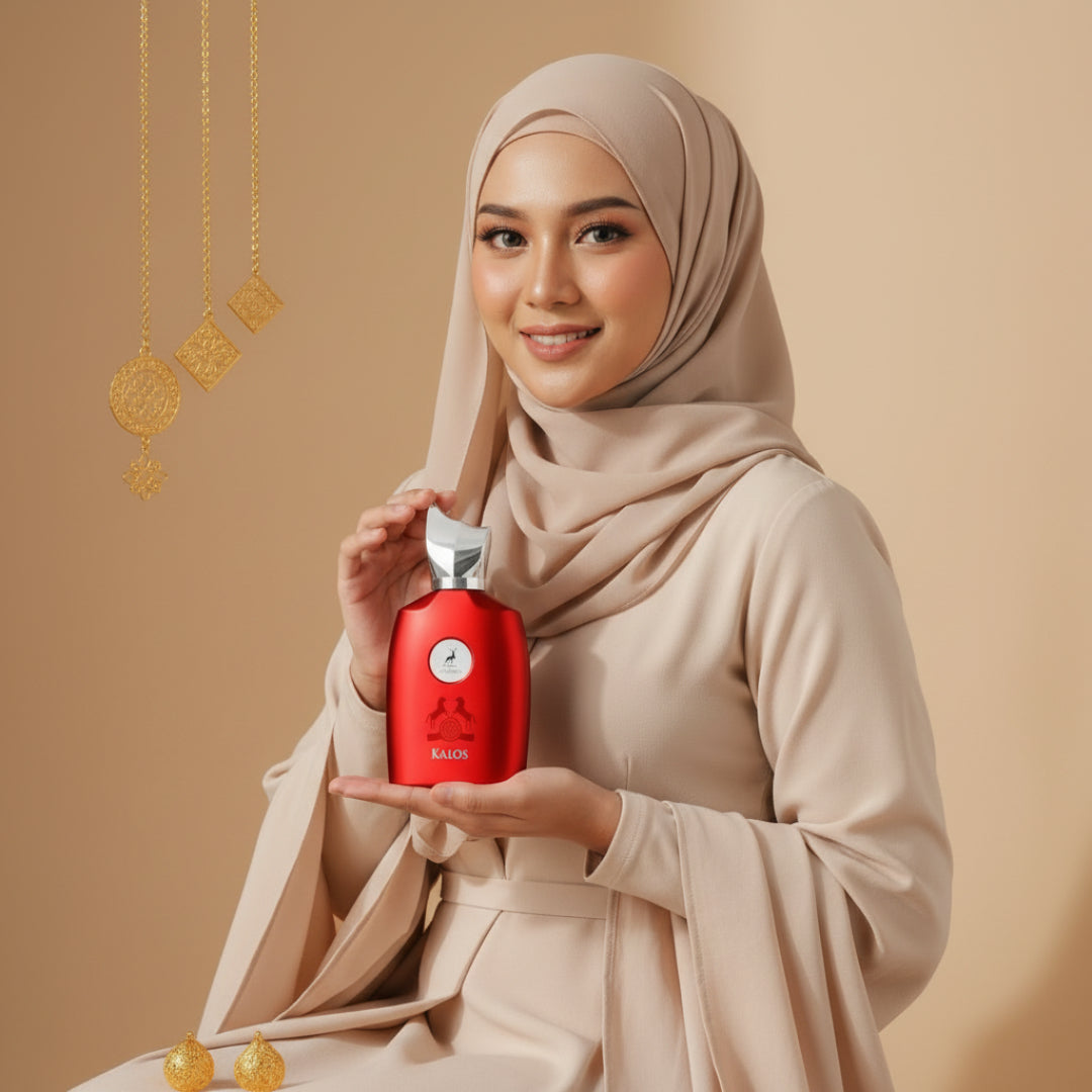 Maison Alhambra Kalos by Maison Alhambra Woman 100ml — Woman in a beige hijab and dress holding a red perfume bottle, with gold hanging ornaments and small gold baubles in the foreground.
