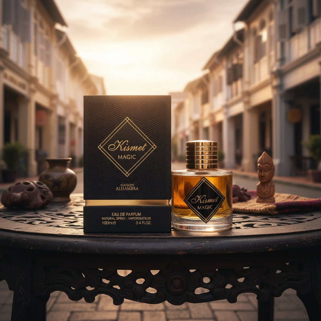 Maison Alhambra Kismet Magic by Maison Alhambra 100ml EDP Unisex — Black textured box and golden glass perfume bottle with gold cap, placed on a dark metal table with decorative vases and a small Buddha statue in the background.