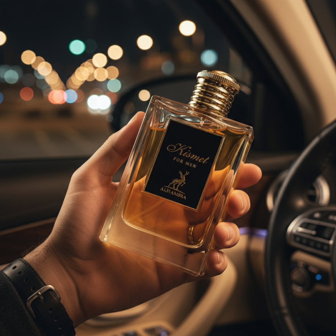 Maison Alhambra Kismet For Men by Maison Alhambra 100ml Man — Hand holding a clear glass perfume bottle with golden liquid and a gold ribbed cap, set against a blurred background of car interior and bokeh city lights at night.