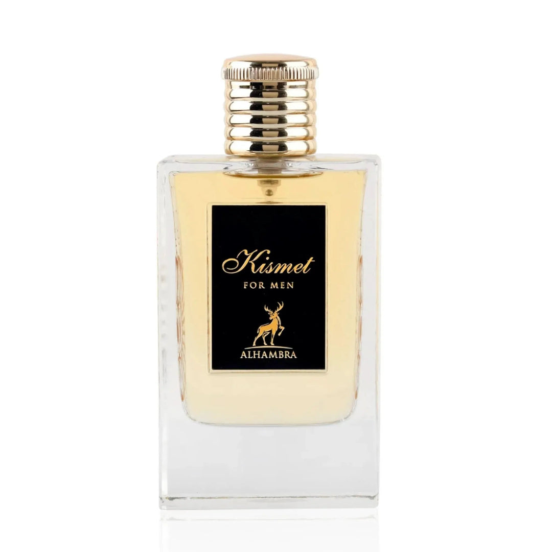 Maison Alhambra Kismet For Men by Maison Alhambra 100ml Man — Rectangular clear glass perfume bottle with gold ribbed cap, black label with gold text 'Kismet FOR MEN' and a gold deer graphic, and 'ALHAMBRA' at the bottom.