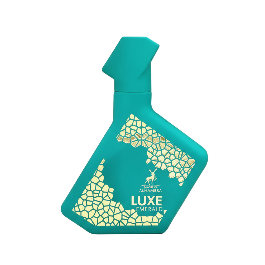 Maison Alhambra Luxe Emerald Perfume — Teal bottle with gold mosaic pattern and deer logo, white background