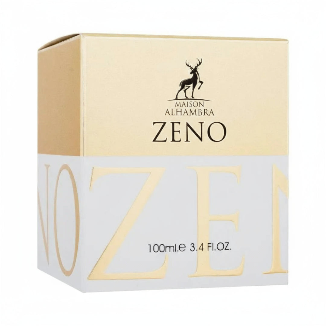 Maison Alhambra Zeno — A beige and white box for Zeno perfume, featuring a deer silhouette logo and the text 'MAISON ALHAMBRA ZENO'. The lower half of the box shows large gold letters spelling 'ZENO' and '100ml e 3.4 Fl.OZ.'