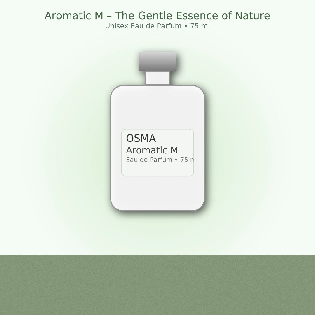Osma Aromatic M — White perfume bottle with a grey cap, featuring a label with 'OSMA Aromatic M Eau de Parfum 75 ml' text, set against a soft green gradient background.