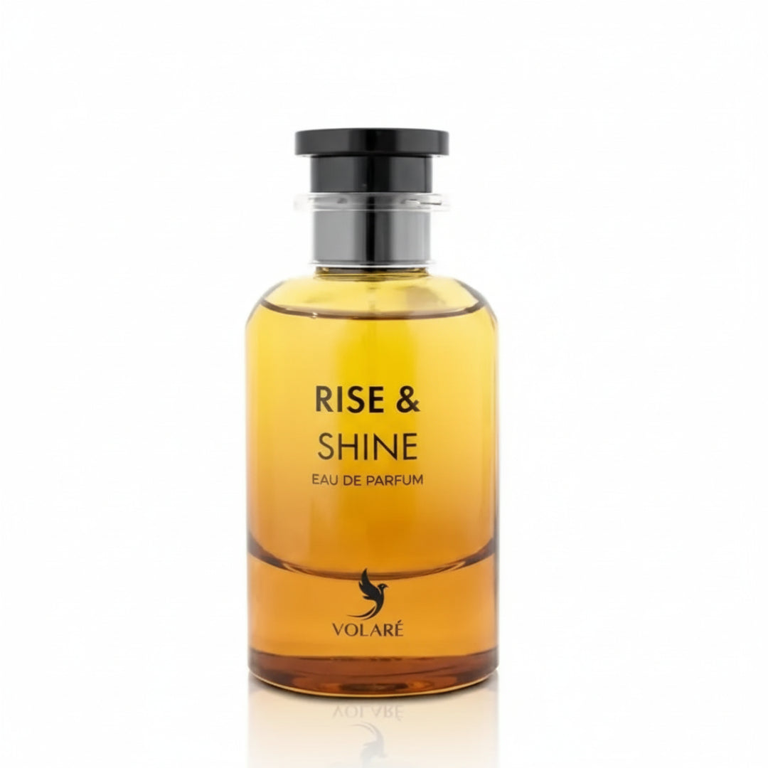 Volare Rise & Shine – Amber liquid in a clear glass bottle with a black cap and silver accent, featuring the Volare logo and text.