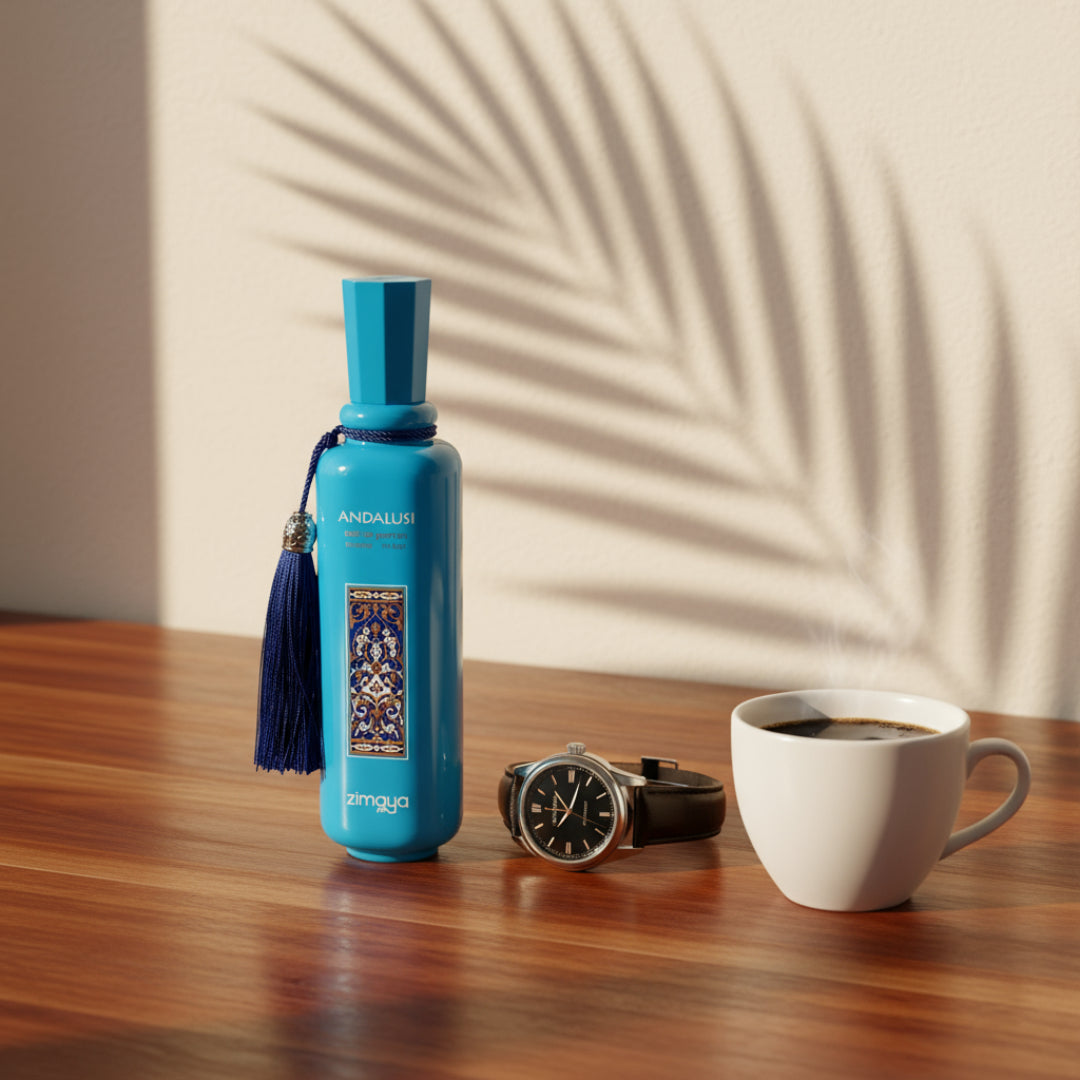 Zimaya Andalusi Blue by Zimaya 100ml EDP Men — Blue perfume bottle with tassel, a black leather watch, and a cup of coffee on a wooden surface with palm leaf shadows.