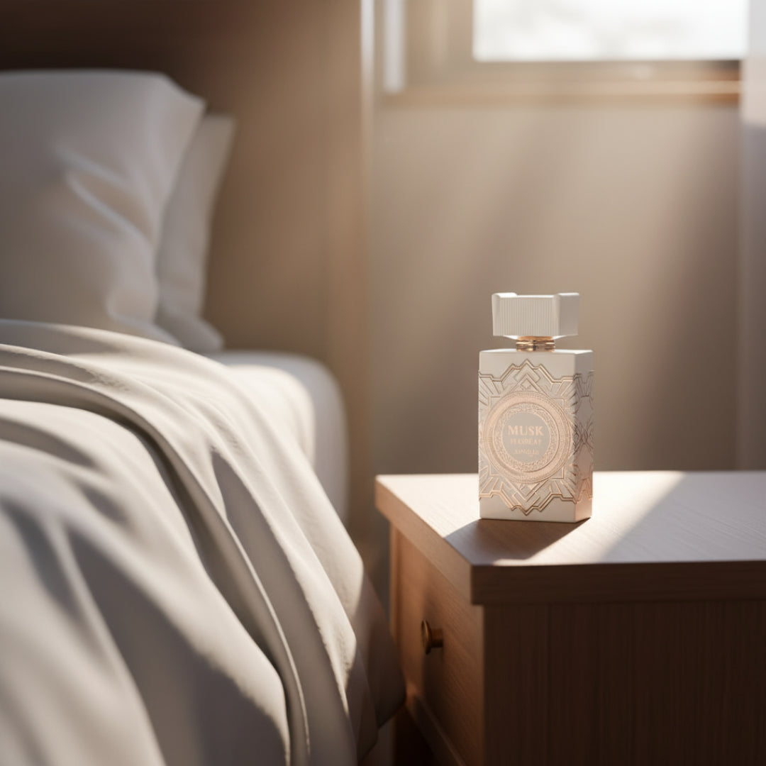 Zimaya Musk Is Great by Zimaya 100ml EDP Unisex — White and gold perfume bottle with intricate geometric patterns, placed on a wooden nightstand next to a neatly made bed with white linens.