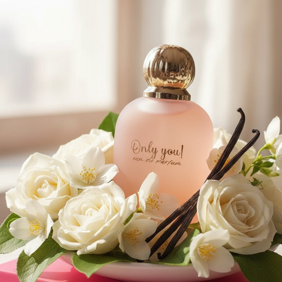 Zimaya Only You by Zimaya Perfume Elixir 100ML EDP — Pink frosted bottle with gold cap, surrounded by white roses, jasmine flowers, and vanilla pods.