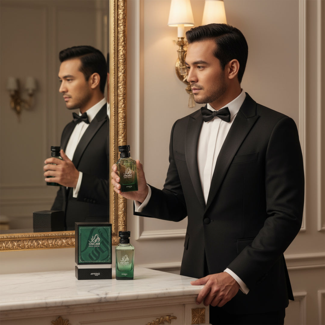 Zimaya Oscar by Zimaya 100ml EDP Men — Man in a tuxedo holding a perfume bottle, with a reflection in the mirror and two bottles and a box on the marble counter.